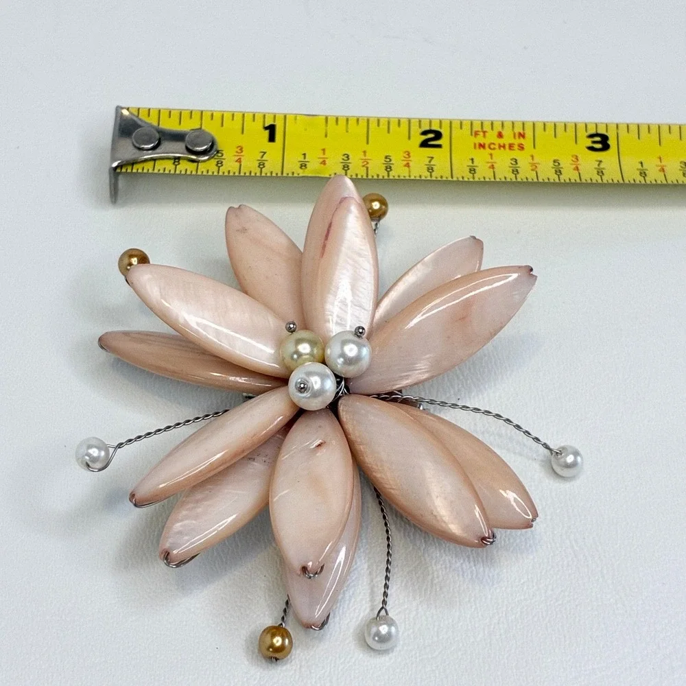 Vintage Flower Brooch Peach Carved Shell Faux Pearl Petal Statement Pin